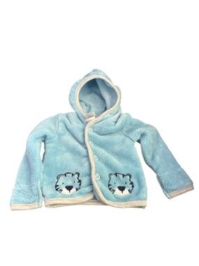 Little Beginnings Soft Baby Blue Hooded Fleece Jacket with Tiger Pockets